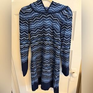 Prana Navy and Light Blue Chevron Knit Sweater Dress w/Hood